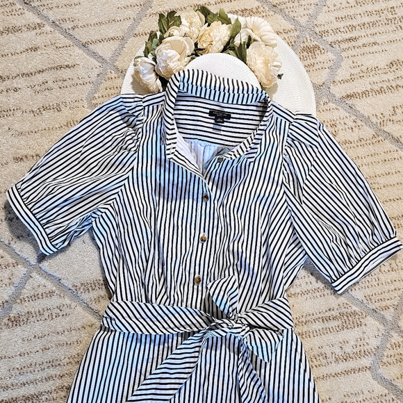 Ann Taylor Stripes Puffed Sleeves A-line Midi Petite Shirt Dress - Picture 6 of 8